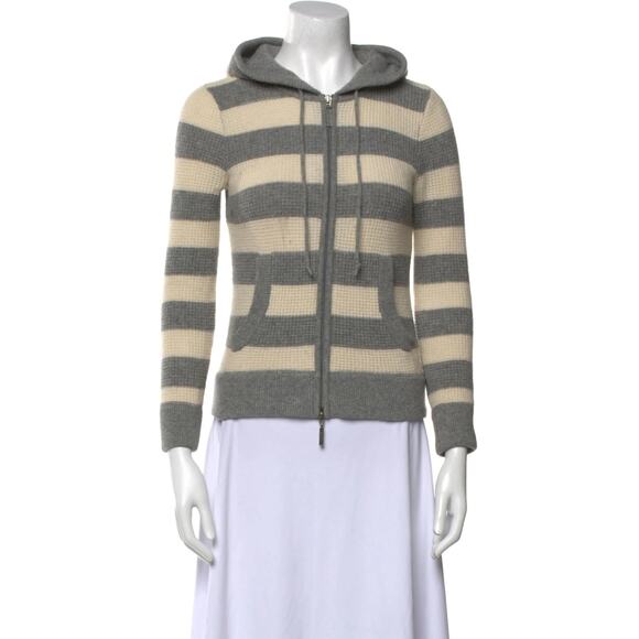 VINCE Cashmere Striped Hooded Full Zip Sweater - M Grey/Cream - Picture 2 of 4